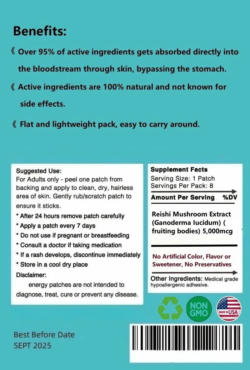 ORGANIC GANODERMA REISHI MUSHROOM POWDER 20:1 EXTRACT TRANSDERMAL PATCH - 100% PURE NO FILLERS!!