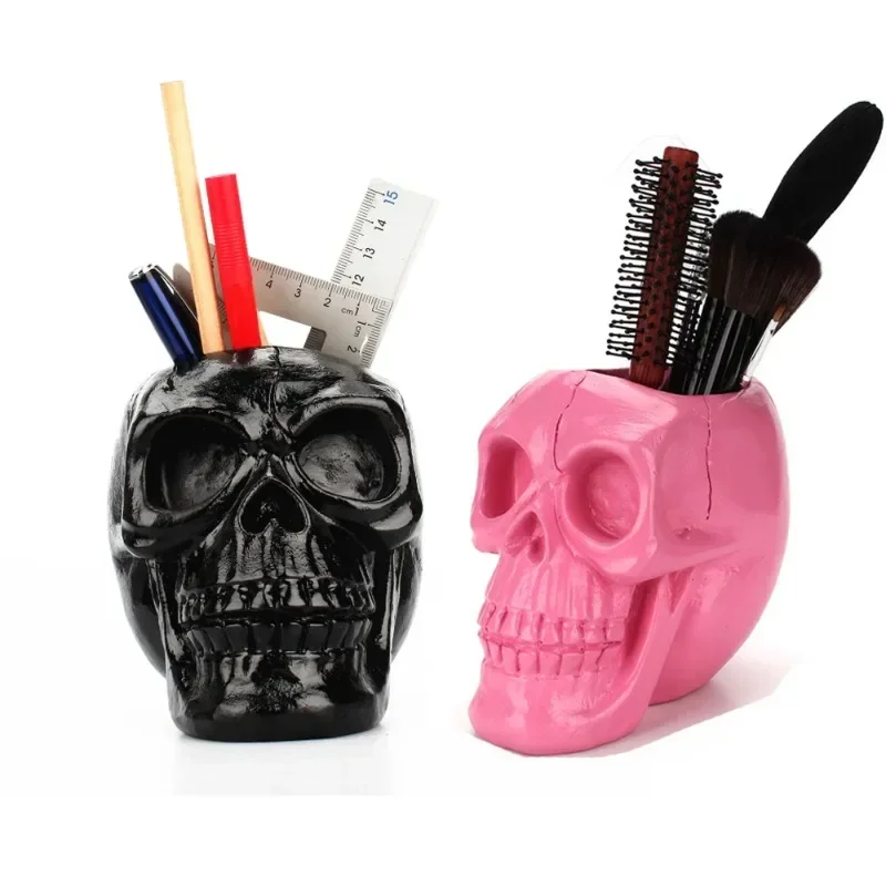 

Black Skull Office Stationery Storage Pen Holder Horror and Funny Human Skull Resin Makeup Pen Storage Holder Halloween Gift