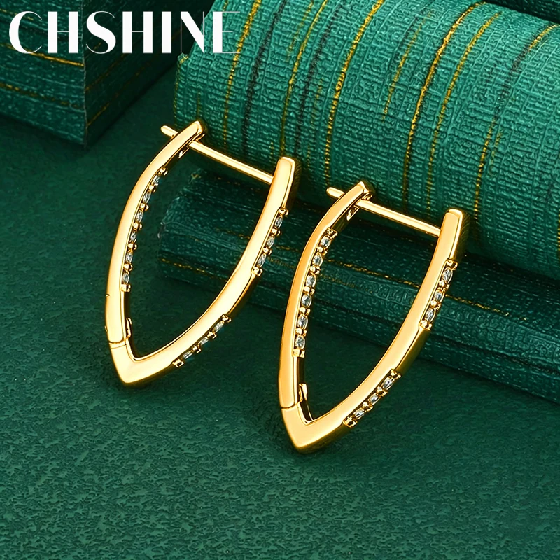 925 Sterling Silver 18K Gold V Shape Pave Zircon Hoop Earrings for Women Fashion Charm Wedding Party Jewelry