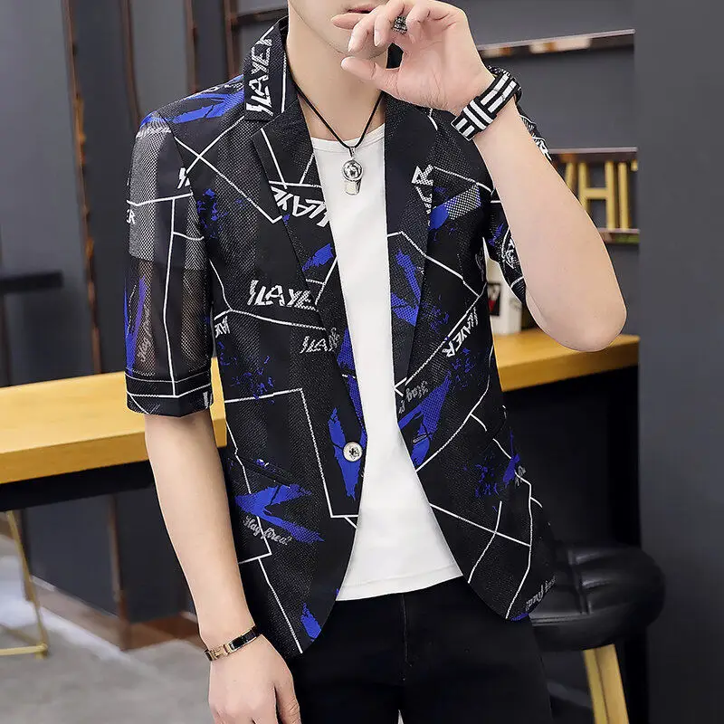 

Lightweight Breathable Men's Summer ort Sve Suit Jaet Slim Fit Seven Sve Middle Sve Korean Sle Flower Pattern