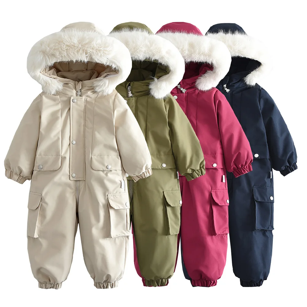 Toddler Baby Winter Ski Snowsuit Faux Fur Hooded Thick Warm Padded Jumpsuit with Multi Pockets Outdoor Windproof Snow Romper