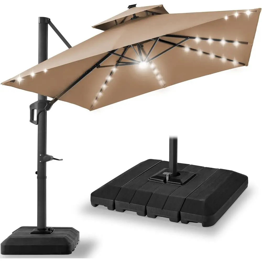 

10x10 LED Lighted Cantilever Umbrella with Base, 360-Degree Rotation for Outdoor Shade and Deck Pool Area - Tan