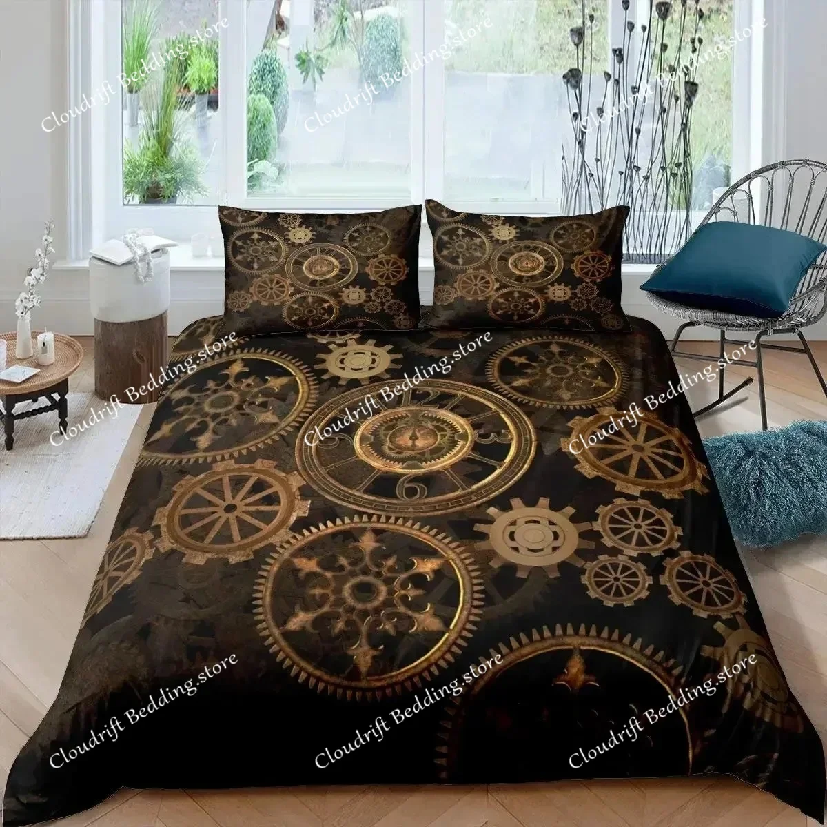 

3D Print Ndustrial Gear Duvet Cover Set Queen Size Steampunk Style Locks Comforter Cover Boys Men Mechanical Device Bedding Set
