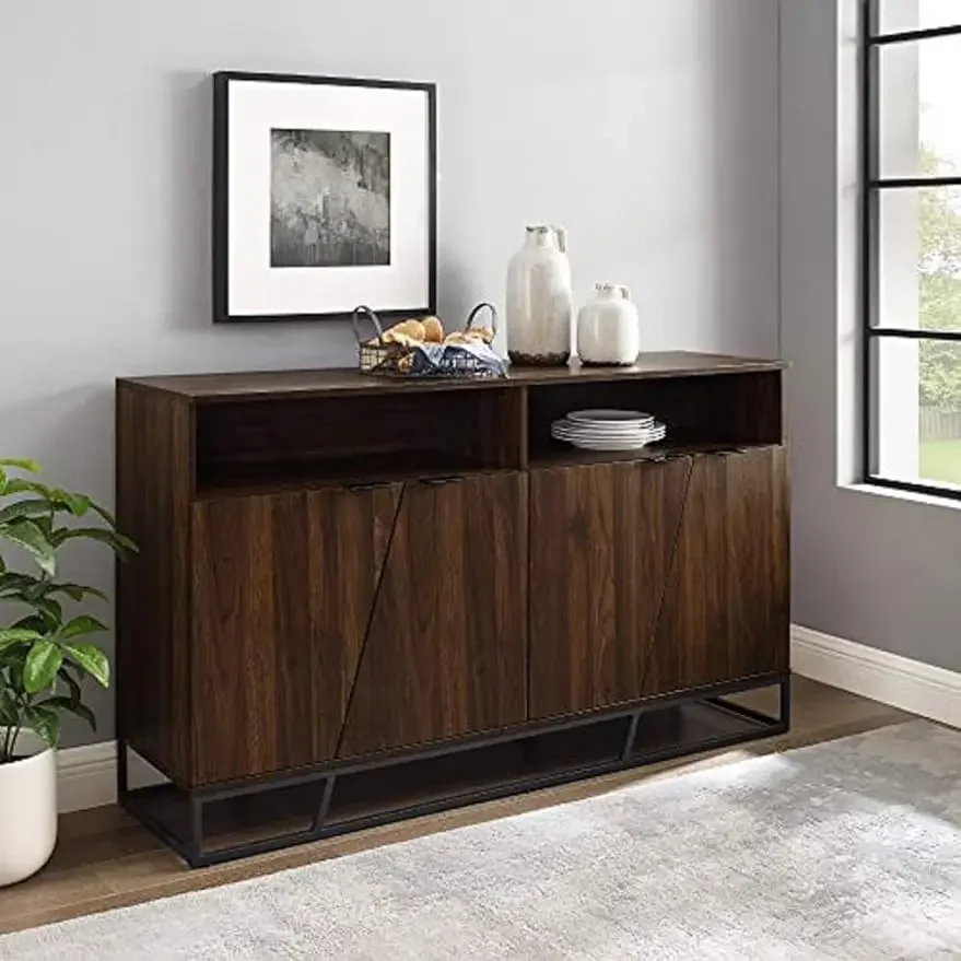 Angled Door Cabinet-Sideboard-Buffet with Open Shelf Storage, 58, Dark Walnut