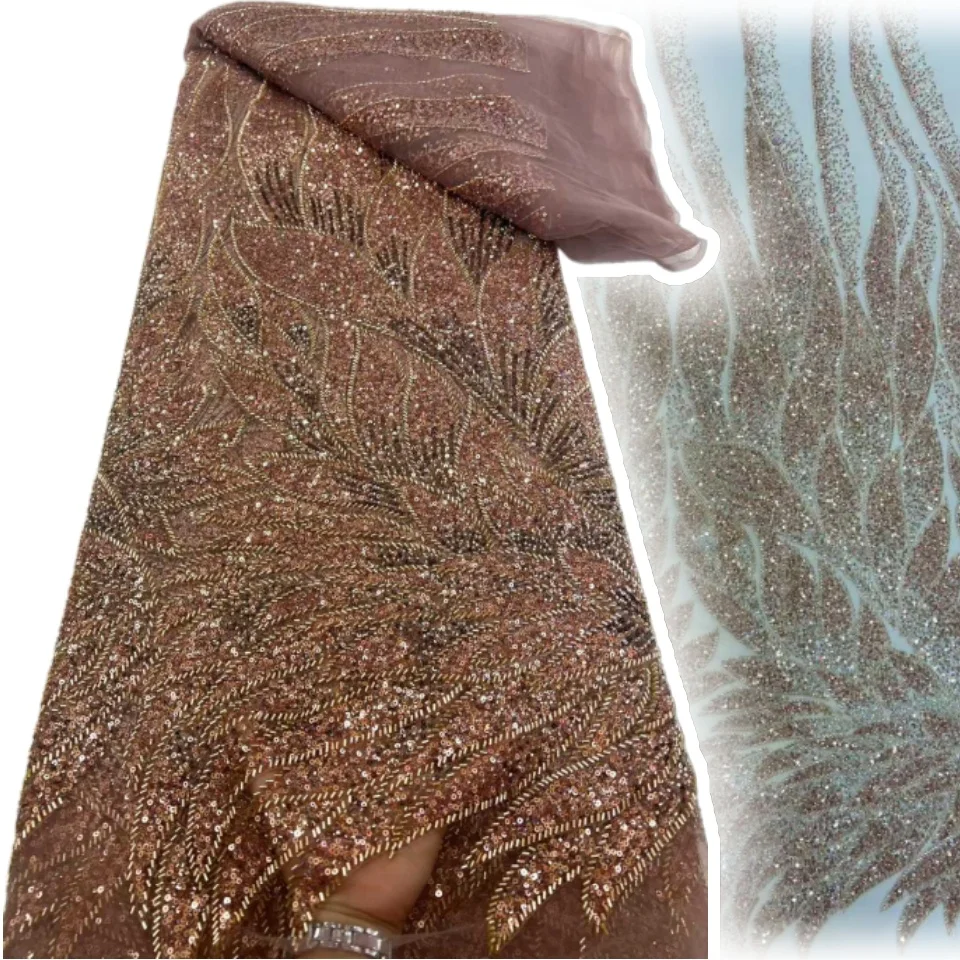 

Latest African Beaded Embroidery Lace Fabric High-Quality Luxury Nigerian Sequined Lace Sewing Supplies & Fabric 5 Yards 2187