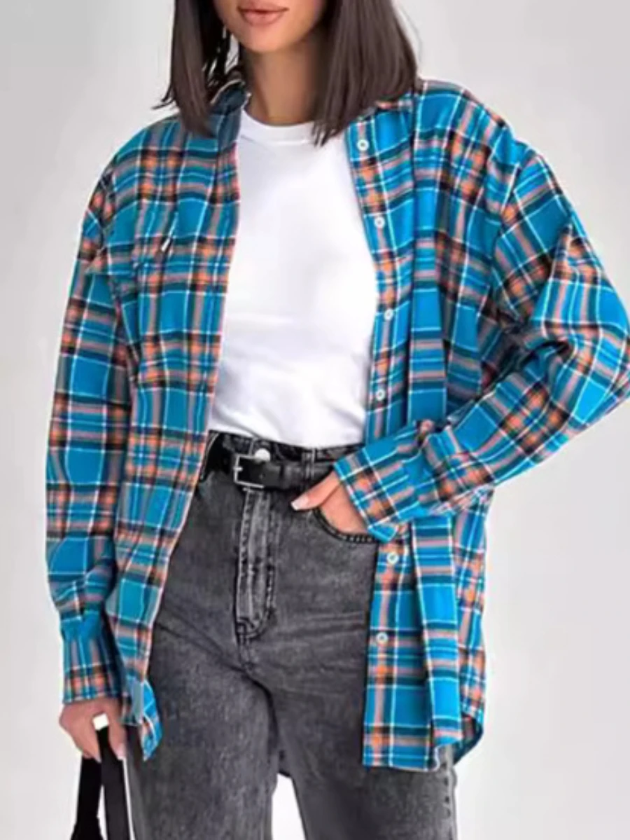 Bornladies Women\'s Blue Retro Plaid Long Shirt Fashionable Versatile Office Lady Shirts loose Coat Temperament Casual Cardigan