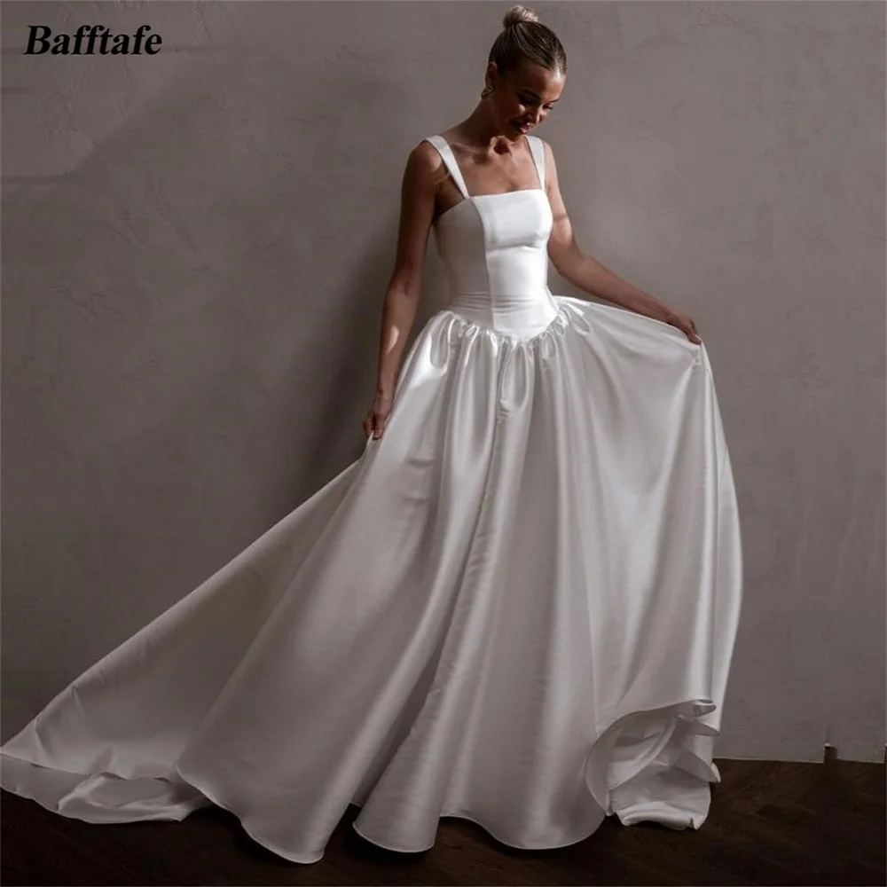 

Bafftafe Simple A Line Satin Bride Wedding Dresses Customized Low Waistline Buttons Back Long Bridal Gowns Photography Dress