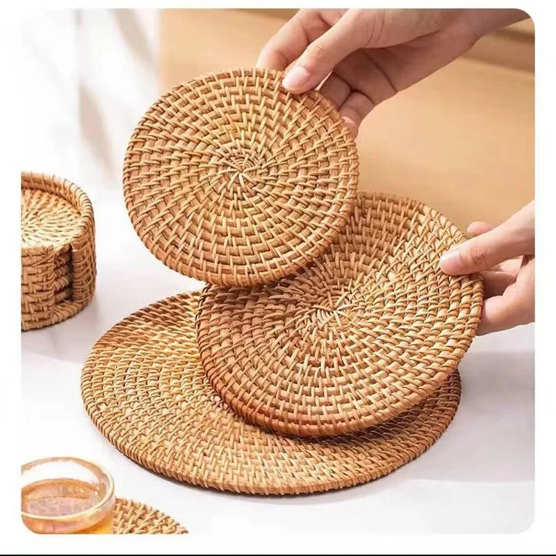 Placemat Pad Coasters Kitchen Table Mats Rattan Coaster Bowl Mats Padding Mat Insulation Pad Round Placemats Hand-made Table Mat