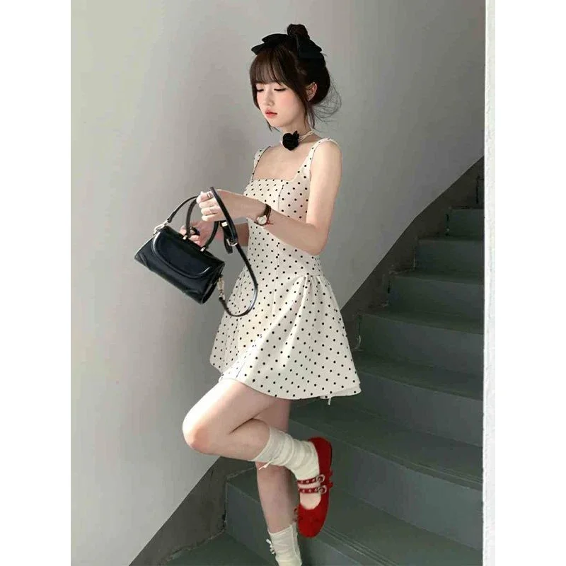 

Women Summer Fashion Temperament Polka Dot Appear Thin Slip Dress Ladies Simplicity Office Lady All-match Sweet A-line Skirt