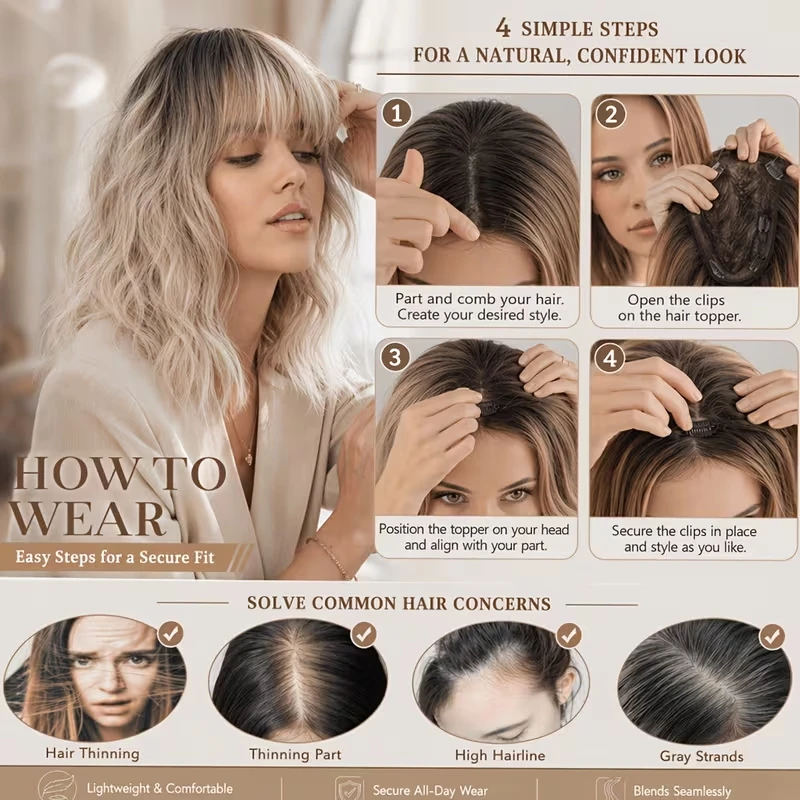 Toupee de Cabello Sintético Corto Ondulado Bob de 14 Pulgadas con Clip, Cubre el Cuero Cabelludo para Cabello Delgado, Uso Diario 5