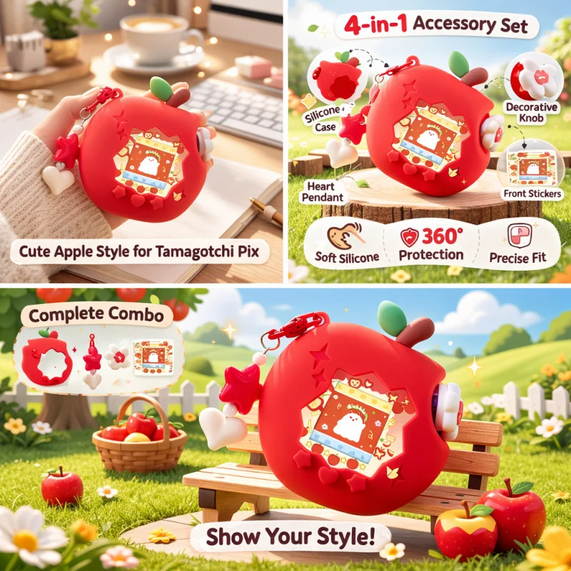 Kawaii Apple Paradise Silicone Case for Tamagotchi Pix, Cute Red/Pink/Green Fruit Skin Cover with Panel Paper & Star Pendant, Ae