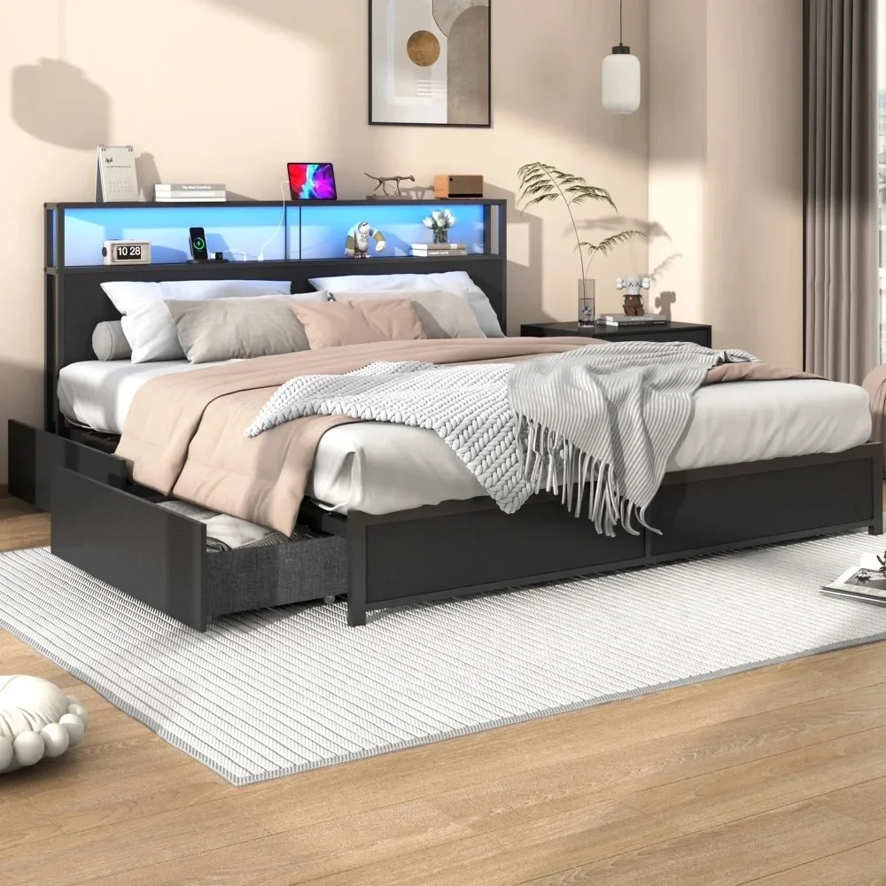 

LED Full Bed Frame with Storage Headboard & 4 Drawers, Industrial Metal Platform Bed with Power Charging Station & USB Ports