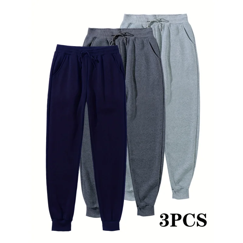 Men's Solid Color Fleece Joggers 3-Pack Winter Thermal Pants with Adjustable Drawstring and Cuffed Ankles
