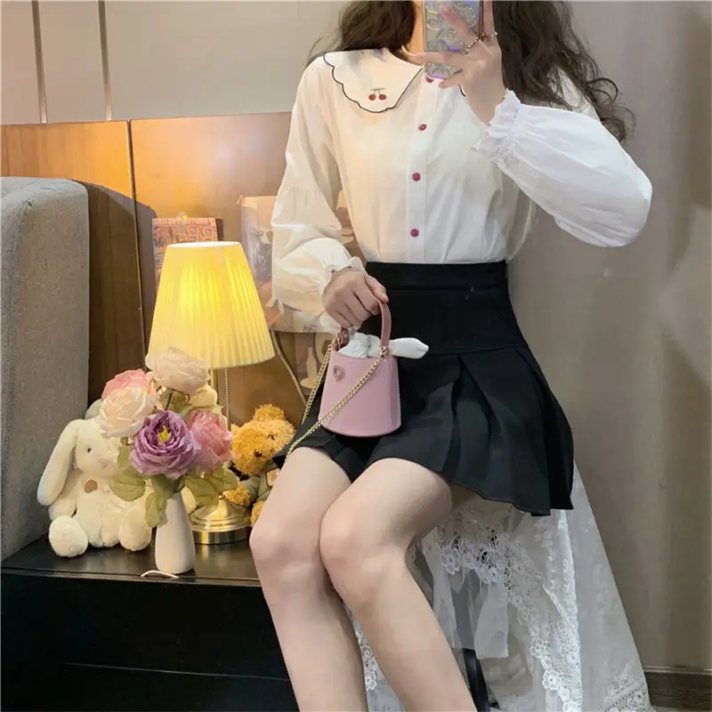 Chic Print Women White Shirt Fashion Peter Pan Collar Lantern Sleeve Blouses Elegant Casual Simple Female Y2K Streetwear 2024