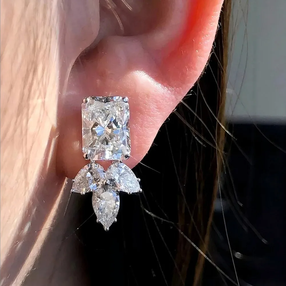 Luxury Radiant Pear CZ Cluster Drop Stud Earrings Silver Tone Multi Shape Zircon Dangle Earrings for Women Wedding Bride Jewelry