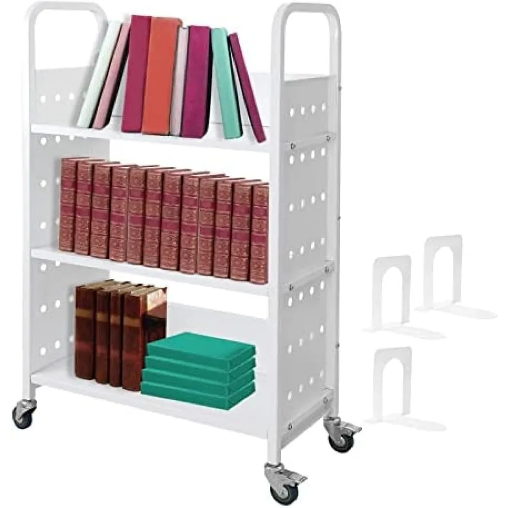 

Book Cart, Library Cart 3-Shelf, Rolling Library Book Cart Double Sided W-Shaped Sloped Shelves with 4-Inch Lockable Wheels,