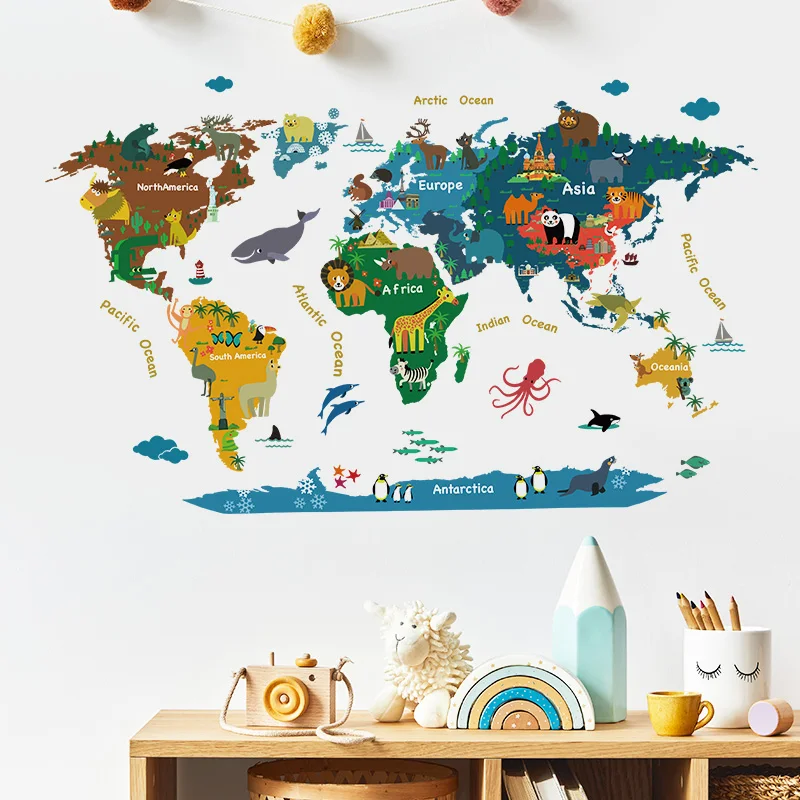 Adesivi murali mappa del mondo dei cartoni animati per camerette Camera da letto per bambini Decorazione murale per aula Sfondi adesivi in vinile autoadesivi