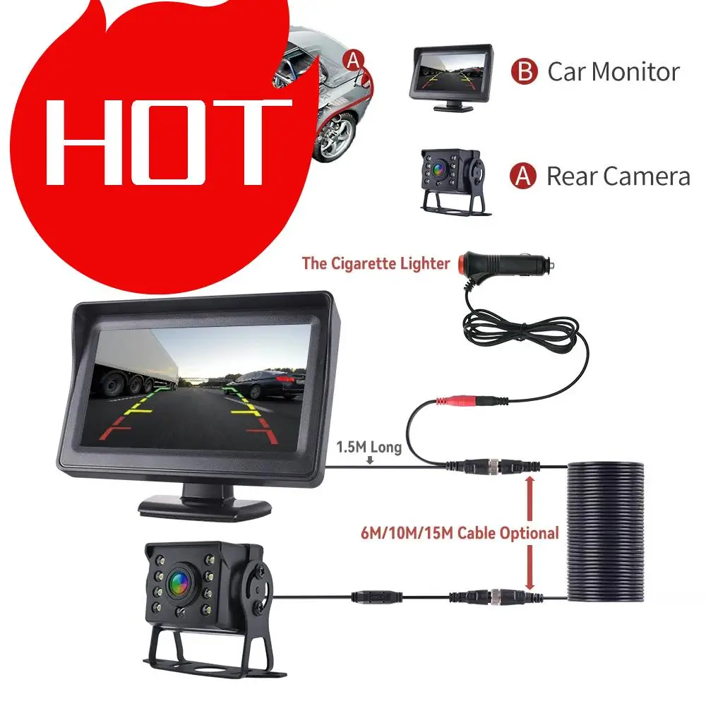 Parking Reverse Backup Car Rear View Camera CCD HD with Monitor 4.3 inch HD Screen LED Security for BUS Truck  RV Trailer