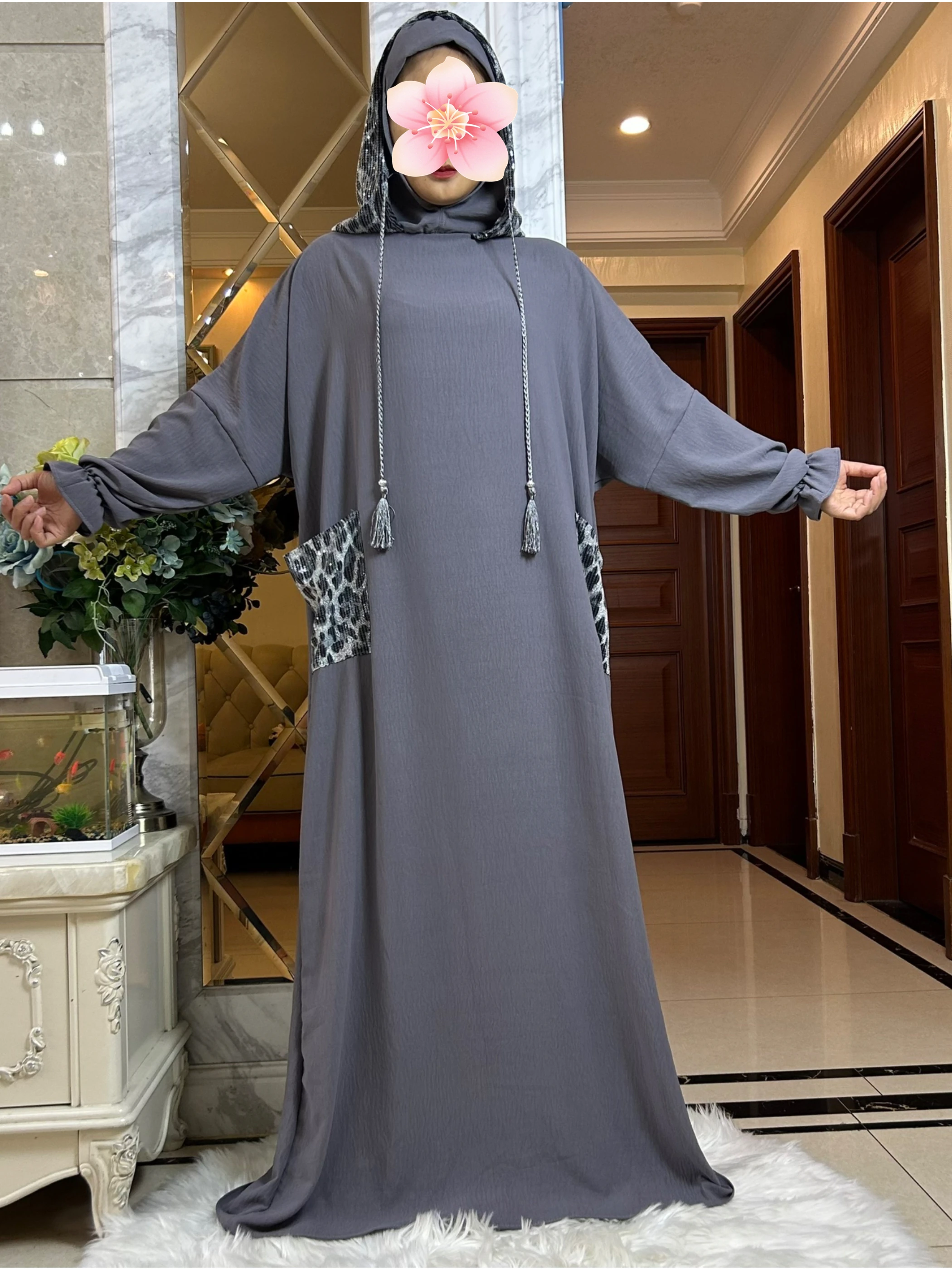 2025 ผู้หญิงผ้าฝ้าย Abaya กับกระโปรงเสือดาวพิมพ์กระเป๋า Ramadan สวดมนต์เสื้อผ้าลําลองแขนยาวอาหรับ Oriental Robe Eid