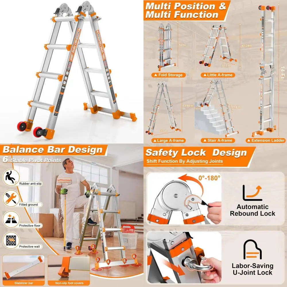 14FT Folding Extension Ladder, 330lb Load Capacity, Telescoping A-Frame Design with Wheels and Stabilizer Bar for Multi-Position
