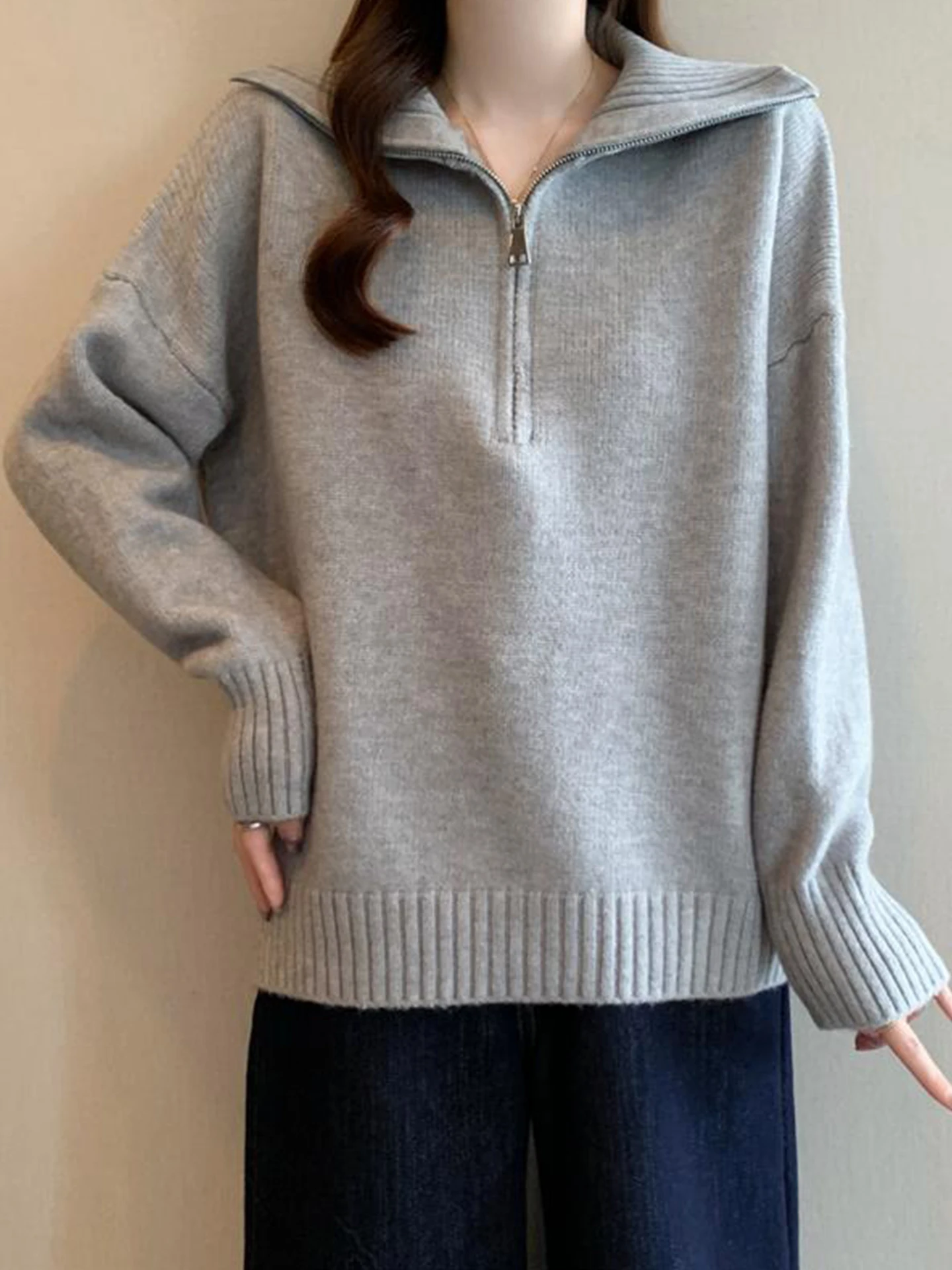 

Women's Knitted Base irt f Zipper Casual Turn-down Collar Autumn Winter plus Size Loose Fit Comfortable Innerwear Sweate...