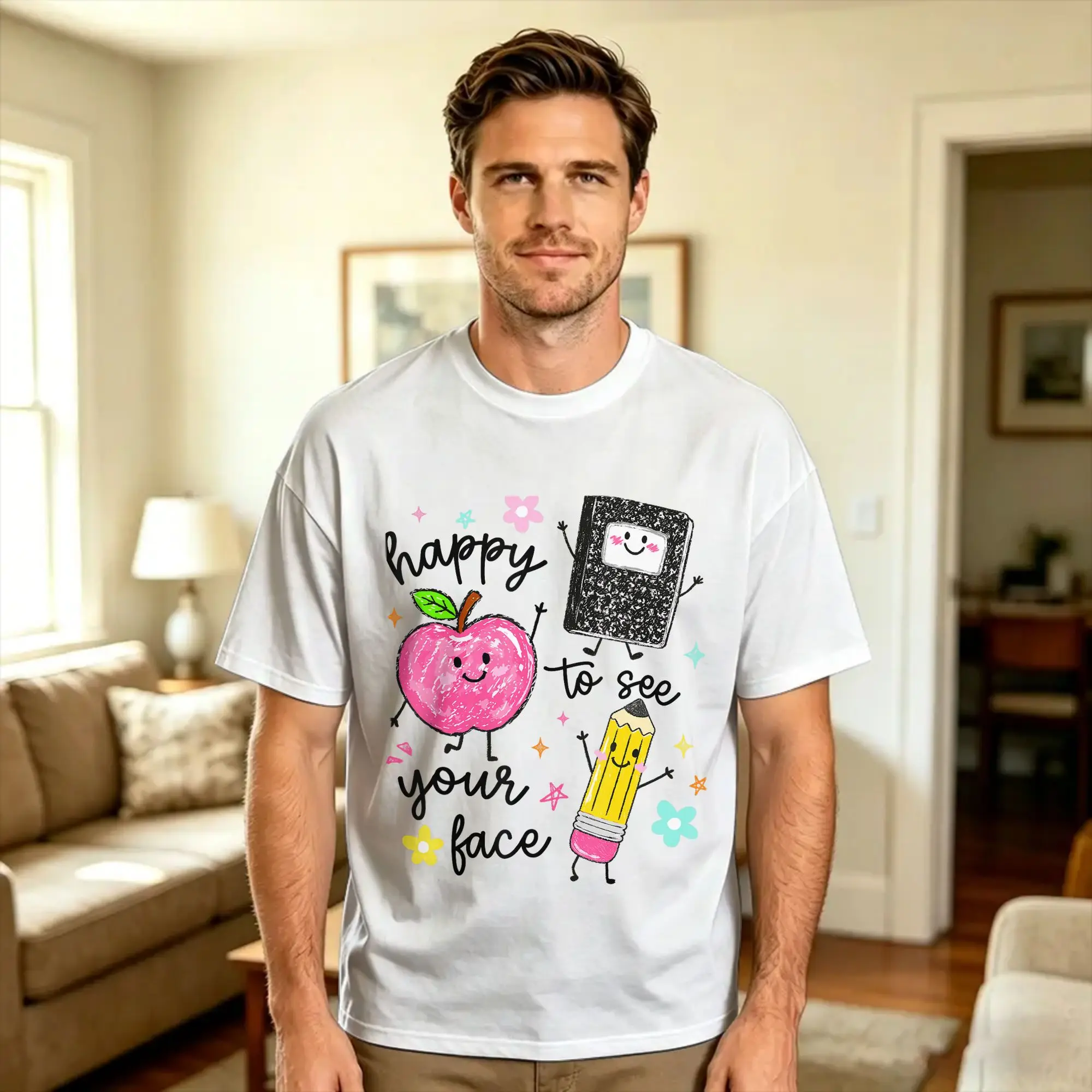 Streetwear T Shirt Happy to See Your Face Teacher School Supplies 100 Cotton T Shirts  Popular Tee Shirt Short Sleeve Top Tees,