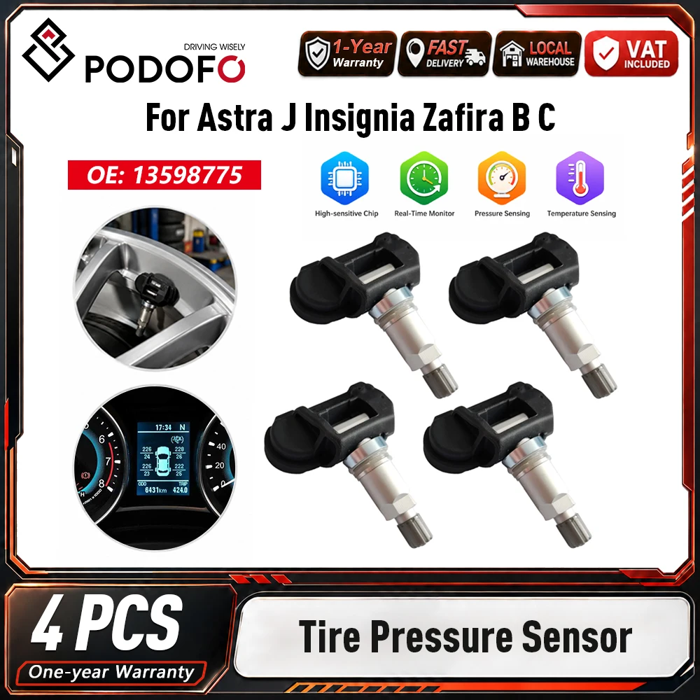 Podofo 4 Stück Reifendrucksensoren OE 13598775 13581560 1010048 1010063 für Opel Astra J Insignia A Zafira B Auto-Ersatzteile