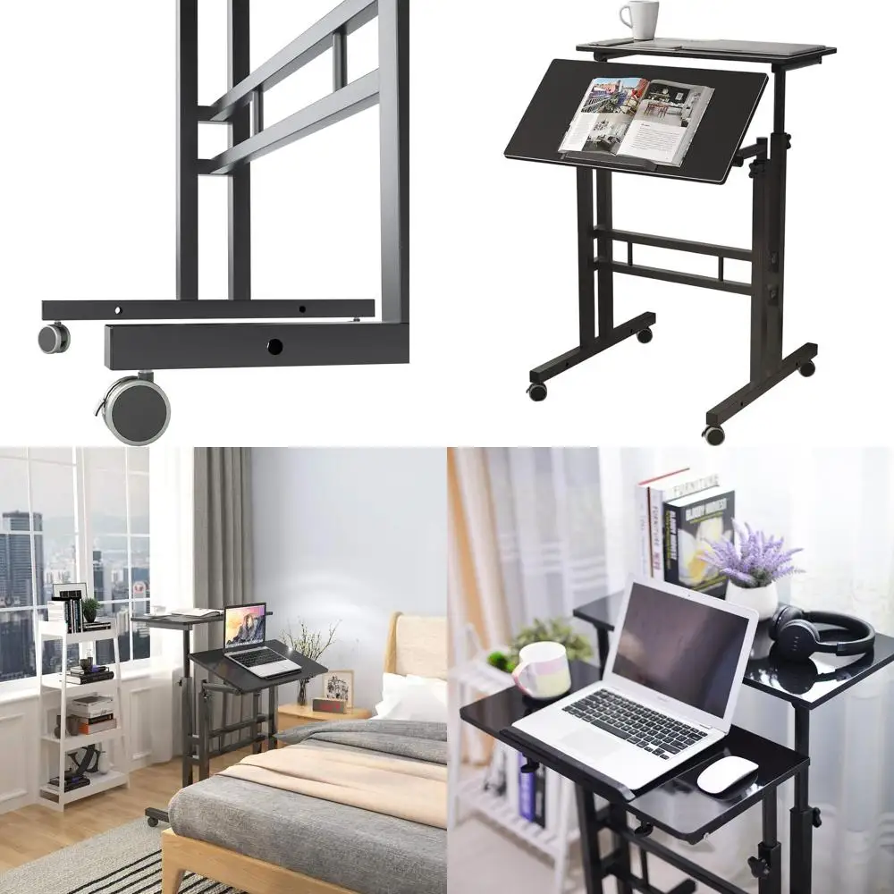 

Регулируемый вращающийся стол, мобильная рабочая станция для сидения, черная тележка для компьютерного стола 23,6