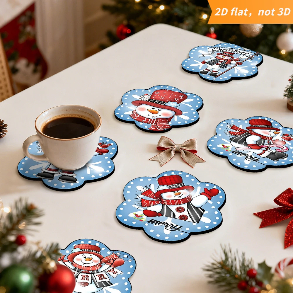 6pcs Wood 2D Christmas Snowman Coasters Merry Christmas Drink Coasters Suitable Hot Mugs Holiday Table Setting Gift Home Parties