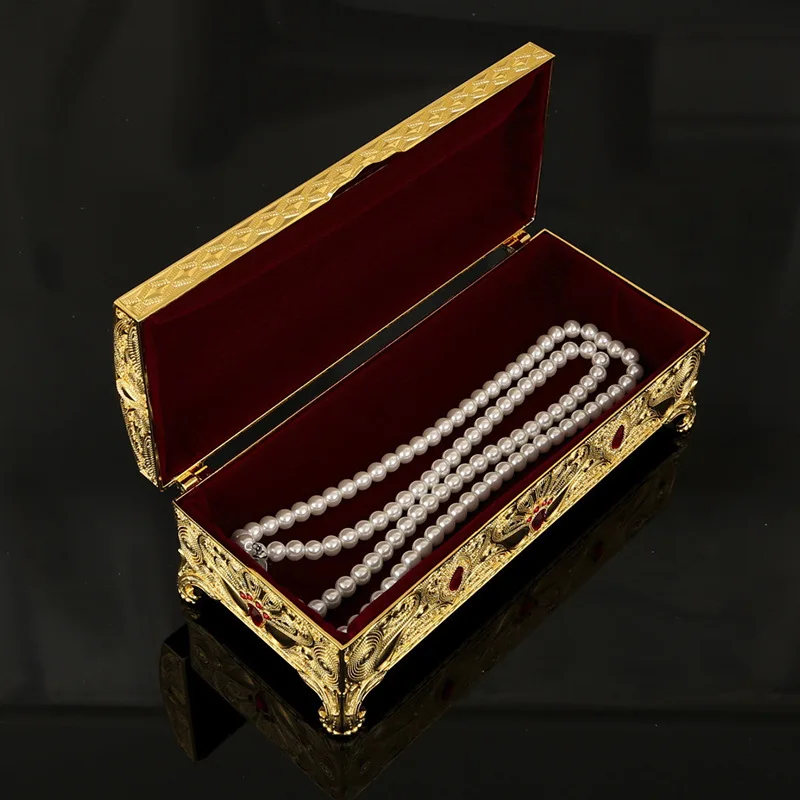 Stylish Golden Metal Jewelry Box Rectangular Shape Necklace Bangle Storage Keepsake Box for Valentine Wedding Birthday Gift