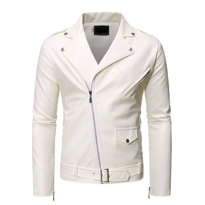 New White Black Casual Lapel Slim Fit Diagonal Zipper Motorcycle PU Leather Jacket Coat Mens Clothing