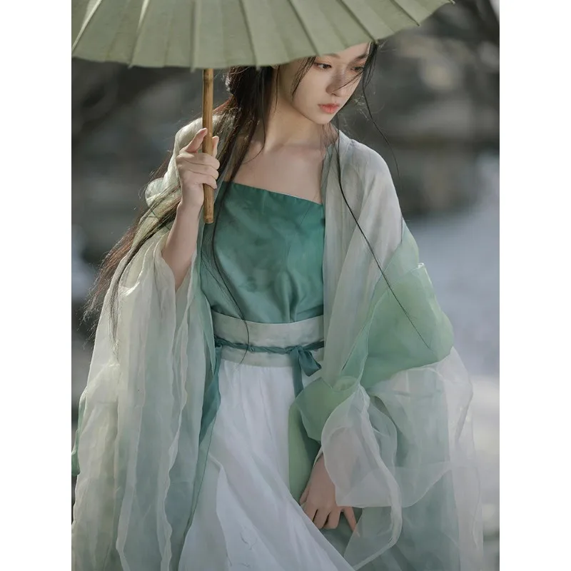 

2025 Summer Green Song Hanfu, Front Button Wide Sleeve, Fairy Flowy High-Waisted Ruqun