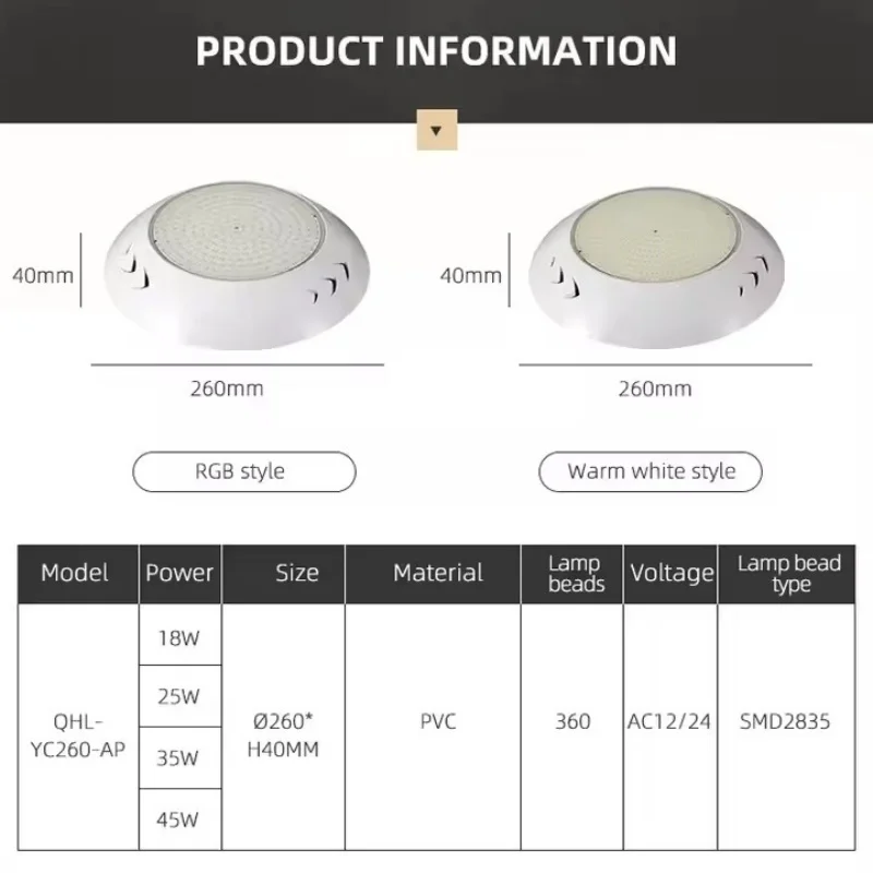 جودة عالية 12 فولت التحكم عن بعد اللاسلكية Abs 18 واط 25 واط 35 واط 45 واط Ip68 مقاوم للماء Rgb تحت الماء السباحة Led إضاءة حمام السباحة