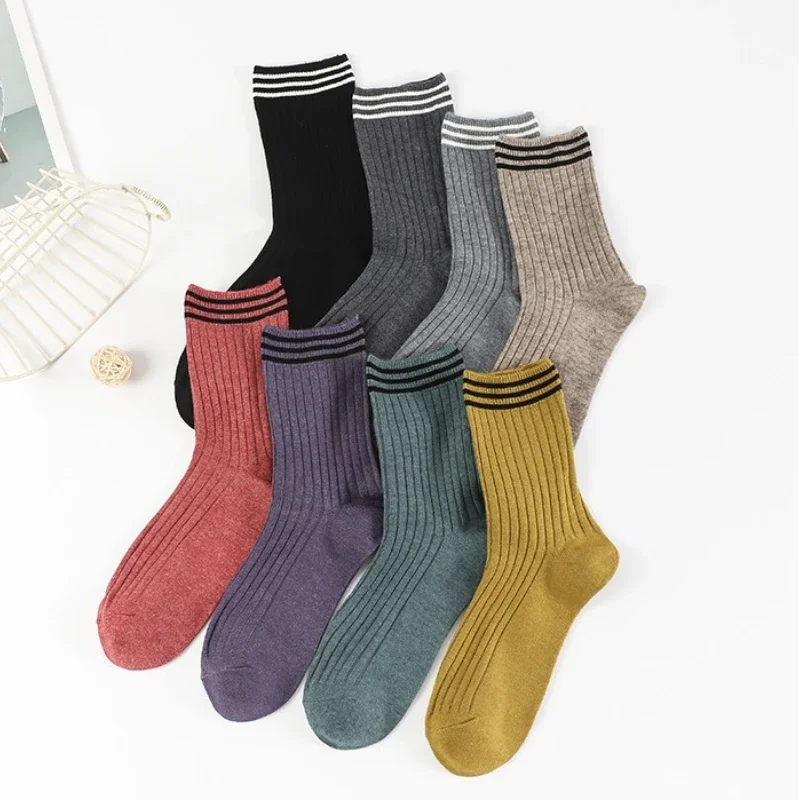 

8 pairs of spring autumn pure cotton sweat absorbing mid tube socks sports wear resistance in striped long tube socks