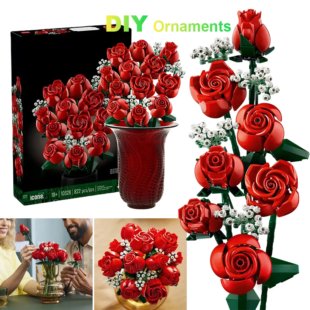 Romantic Rose Flower Bouquet Building Blocks Creative Home Desk Plant Decoration Assemble Bricks Valentine Day Rose Bricks Set