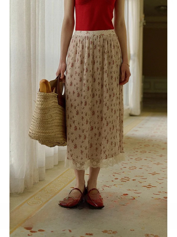 

SimpleRetro Margaret Floral Lace Splicing A-Line Midi Skirt Women's Spring Vintage Half-length Skirts High Waist Polyester Fiber