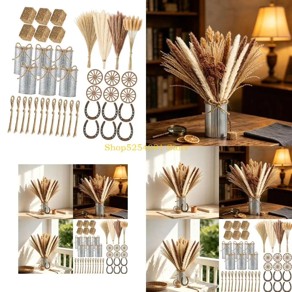 AXYC 132Pcs Farmhouses Western Table Centerpieces Decors Set with Galvanized Metal Vases and Horseshoe, Wagon-Wheel, and