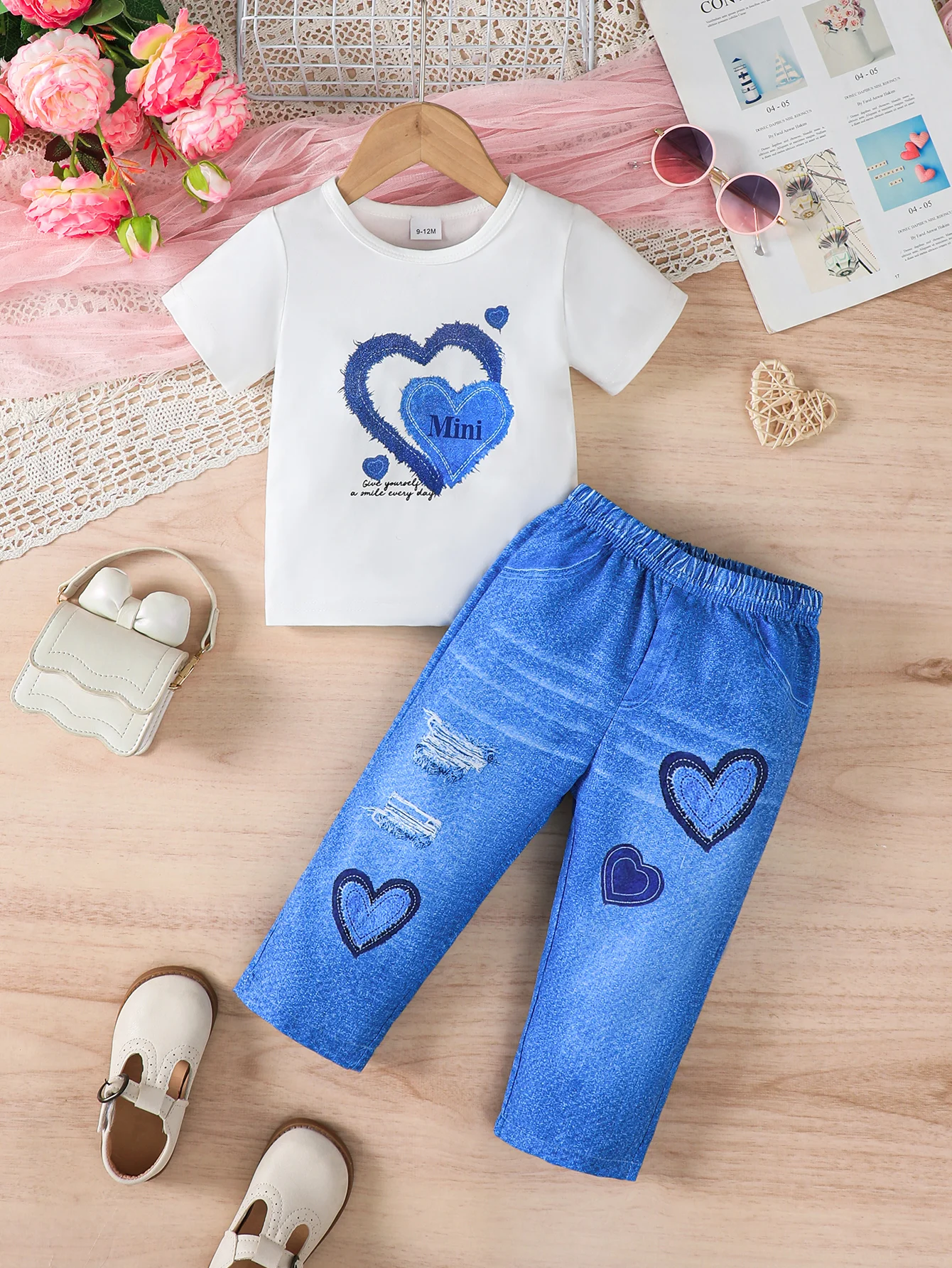 Summer  0-3  Years  Old  Infant  Baby  Girls  Peach  Heart   Printed  Short  Sleeved  Top  And  Denim  Printed  Pants   2-Piece