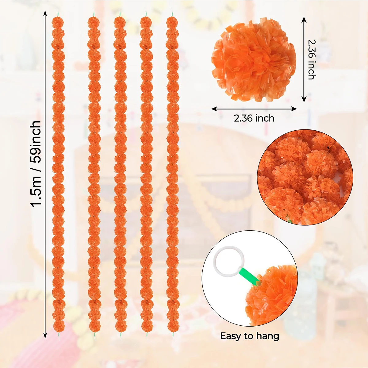 5 قطع من إكليل القطيفة للزينة، زهور القطيفة الاصطناعية بطول 1.5 متر، ديكورات ديوالي للمنزل، القطيفة البرتقالية والأصفر هي