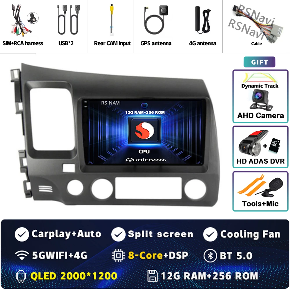 Android 15 Voor Honda Civic 8 FK FN FD 2005-2012 2K QLED Android Autoradio Multimedia Video speler GPS 4G CarPlay Stereo