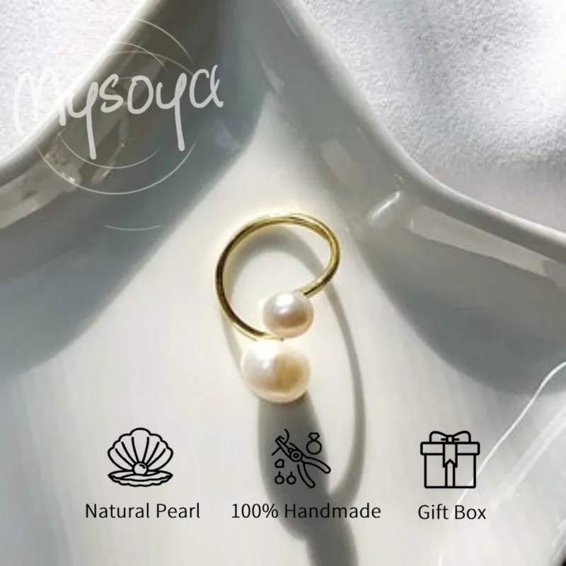 

MYSOYA White Freshwater Pearl Double Bead Ring 5-6mm & 8-9mm With Gift Box For Her/Him Birthday/Wedding/Christmas/New Year Gift