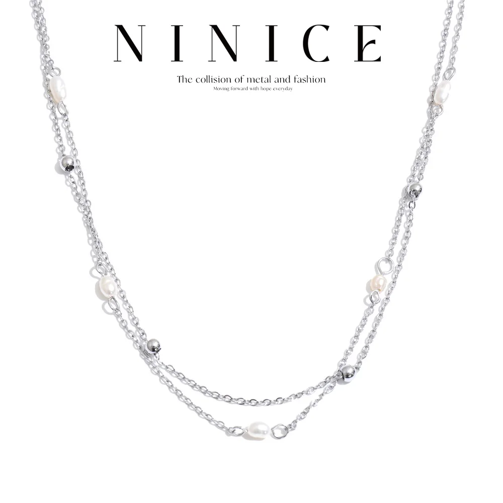 NiNice Stainless Steel Double-Layer Natural Pearl Chain Necklace Delicate High Quality Jewelry Fashion New Arrivals