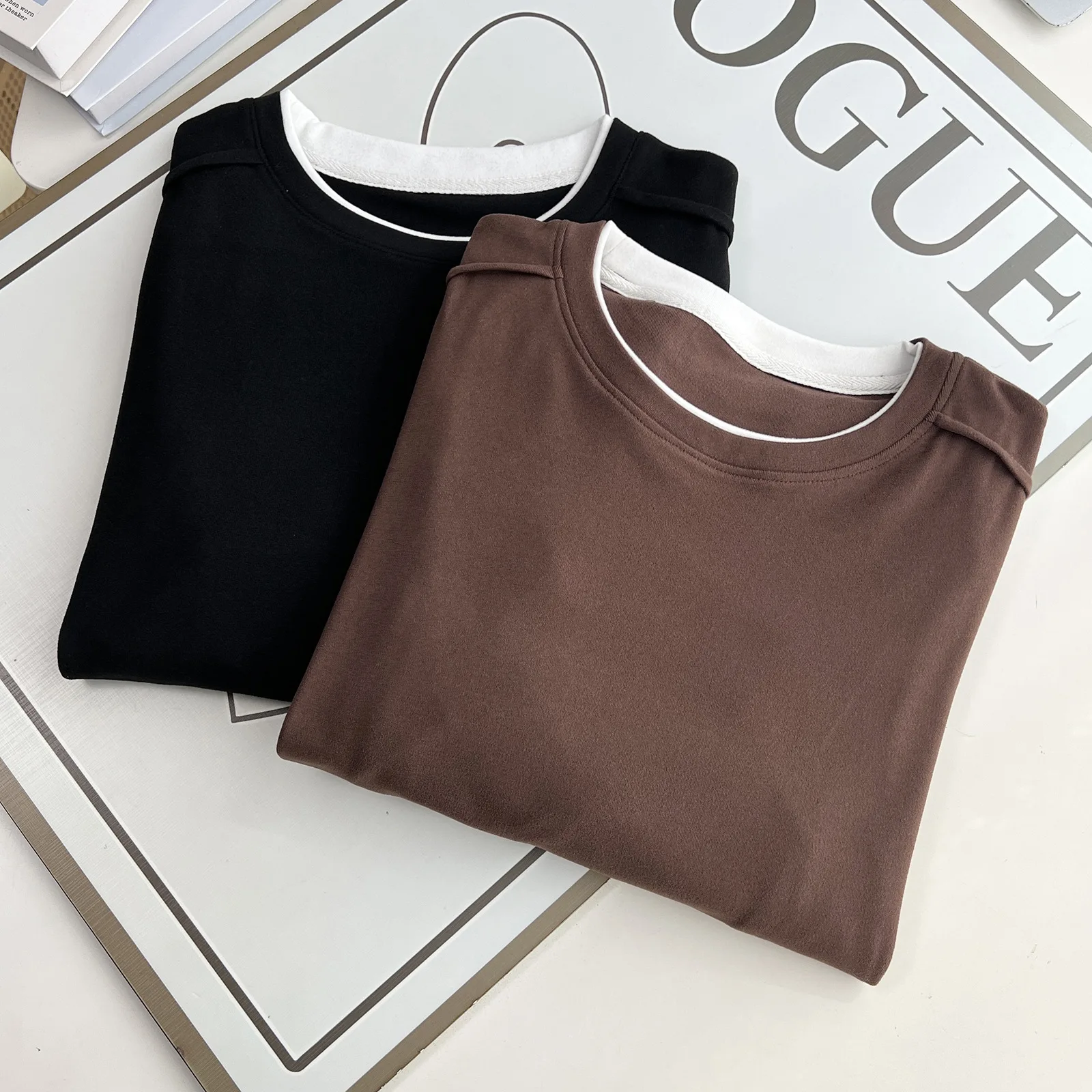 XXXXL موضة حجم كبير تي شيرت نسائي كتلة بسيطة اللون بأكمام طويلة DE المخملية الدافئة قاعدة القمم لخريف وشتاء 2435 #6