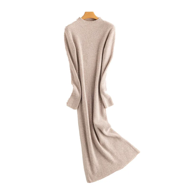 Women Sweater Midi Dress 100% Wool A Line Knitted Dress Long sleeve Mock Neck Pullovers Warm Winter ZJ007