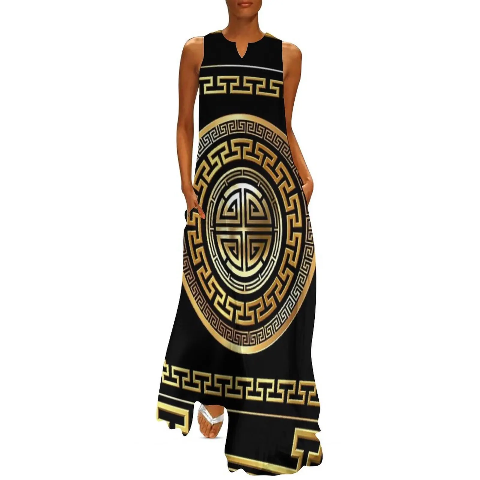 

Greek Key Meander Black Gold Large Long Dress Bridesmaid dress woman Women's summer dresses women's evening dresses 2025