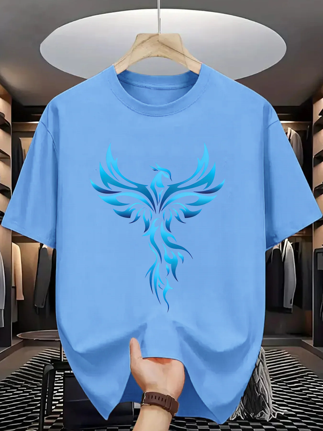 Men's Summer 100% Cotton Casual Loose Blue Phoenix Pattern Printed Comfortable Sports Round Neck Short Sleeve T-shirt Top
