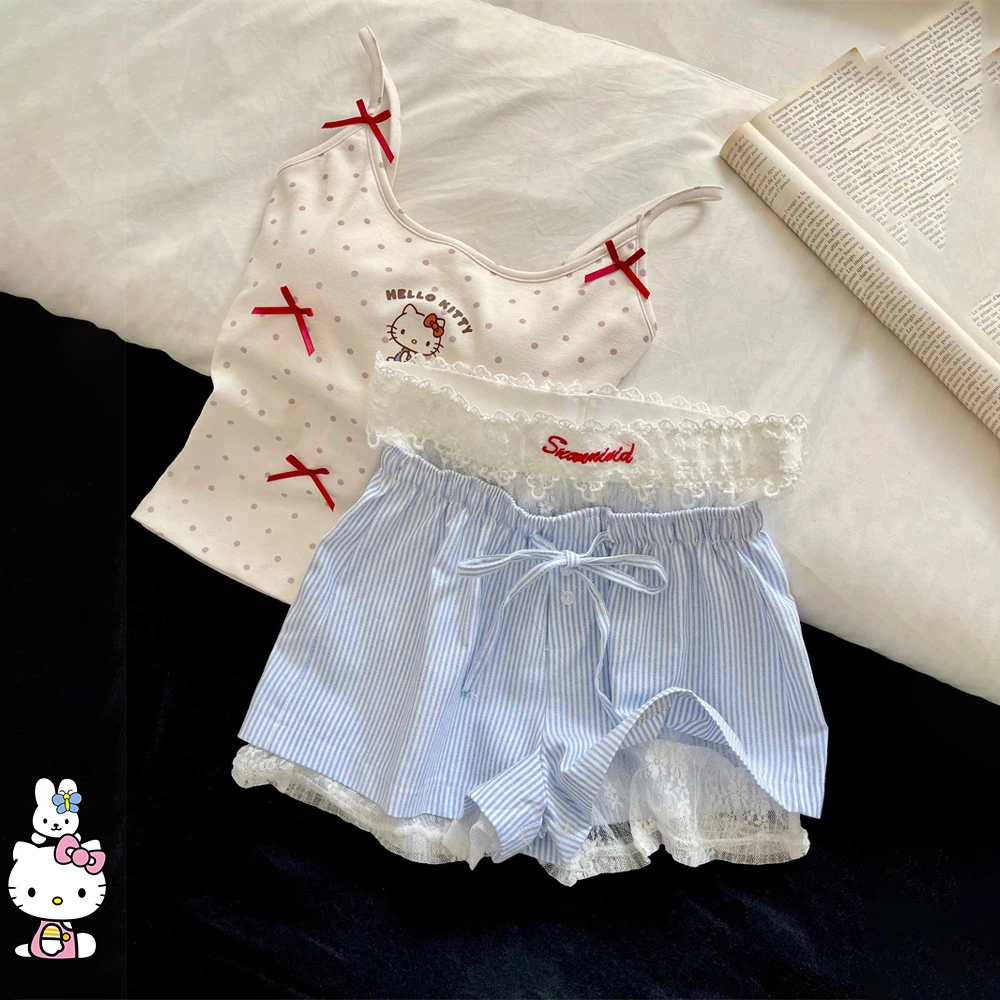 Sanrio Hello Kitty топы на подтяжках с героями мультфильмов, летняя студенческая жилетка с принтом Lustful Hot Girl Kawaii, милый жилет с бантом и подушкой на груди