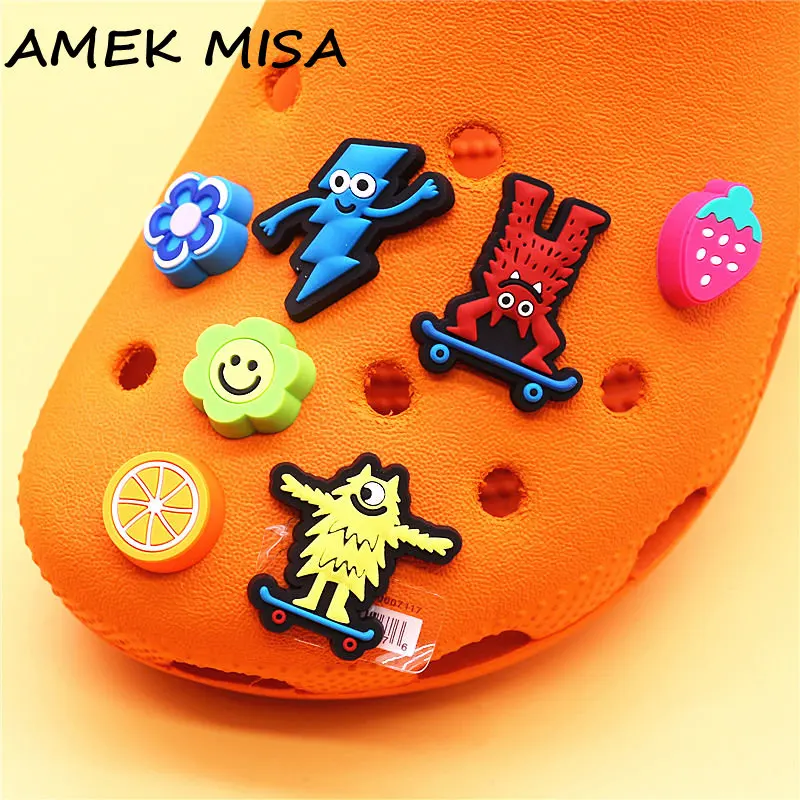 Original 1pcs Skateboard Monsters PVC Shoe Buckle Accessories Fruit Flowers Shoes Charms Clogs Pins Decor Kids Gifts