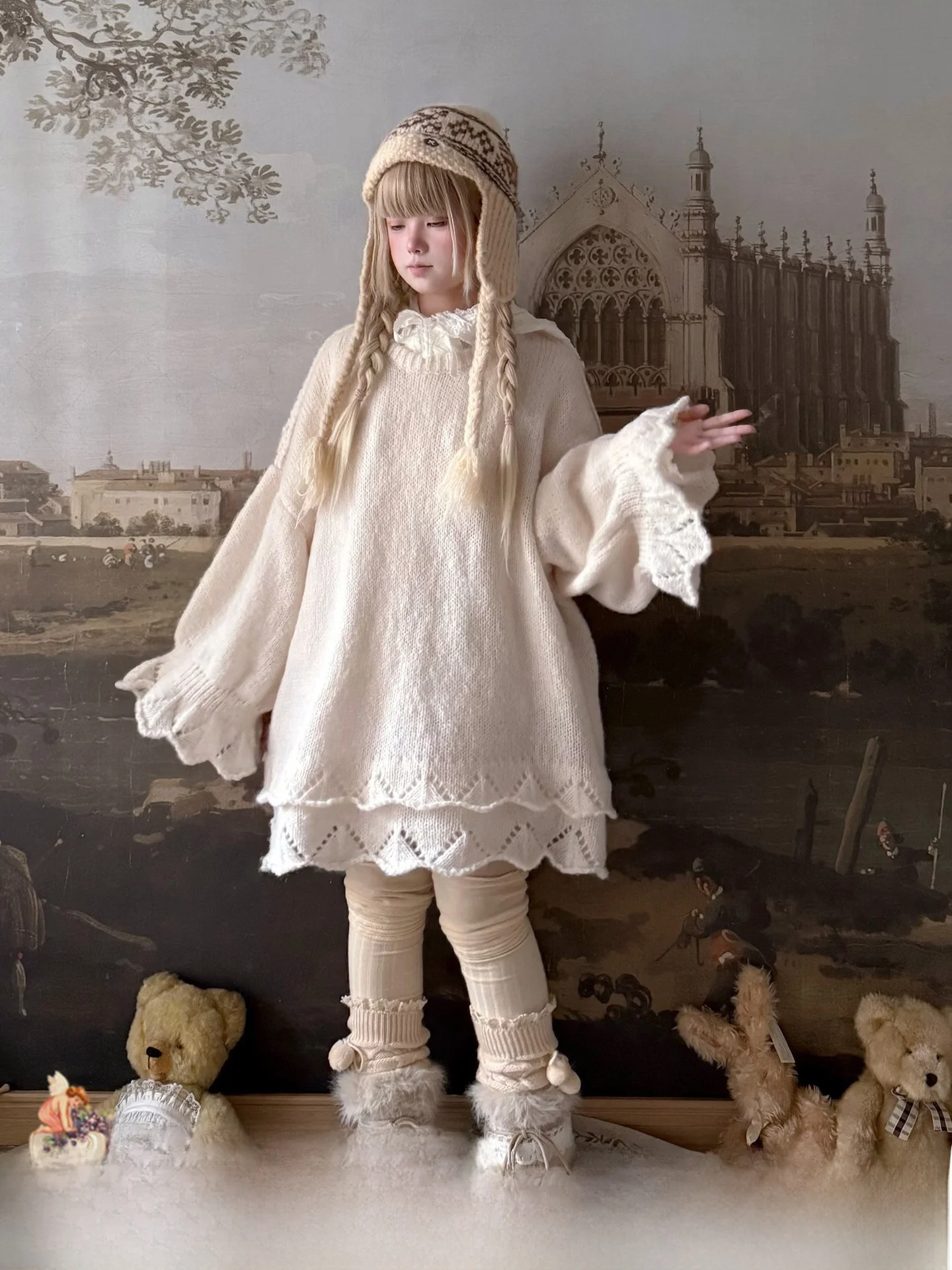 

Labeau Sweet Sle Women's Knitted Sweater round Ne Loose Fit Autumn Winter Layering Sense Large Lace Trim Warm Thermal