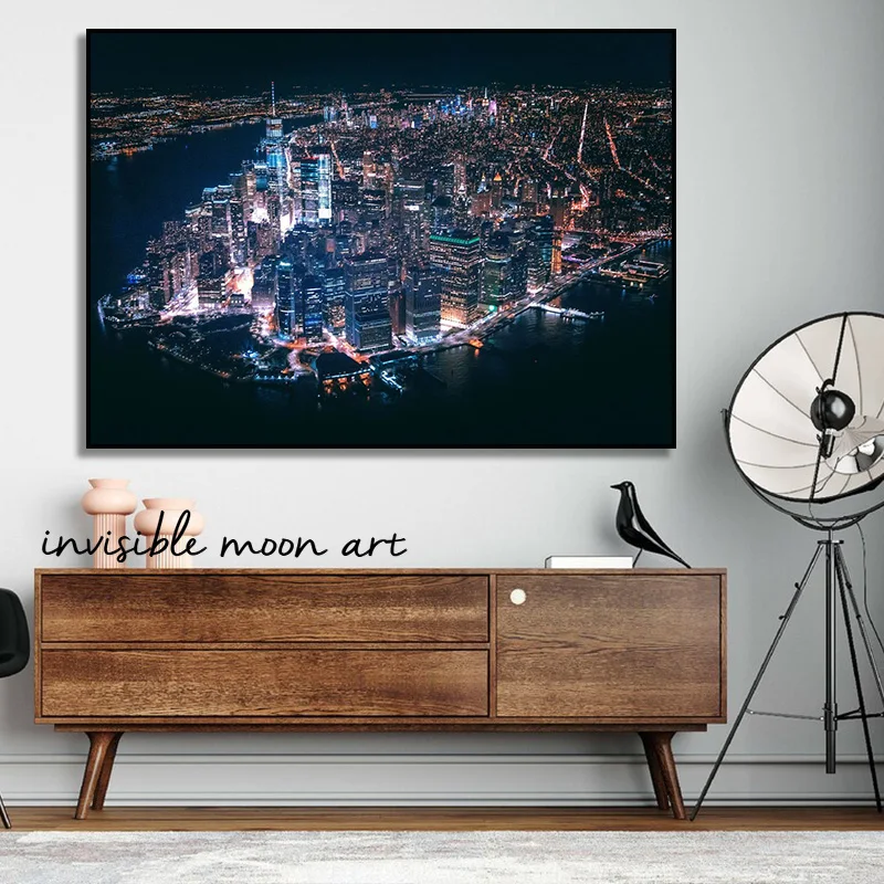 New York City Manhattan Skyline Sunset Night Lights Landscape Art Poster Canvas Painting Wall Prints Picture for Room Home Decor